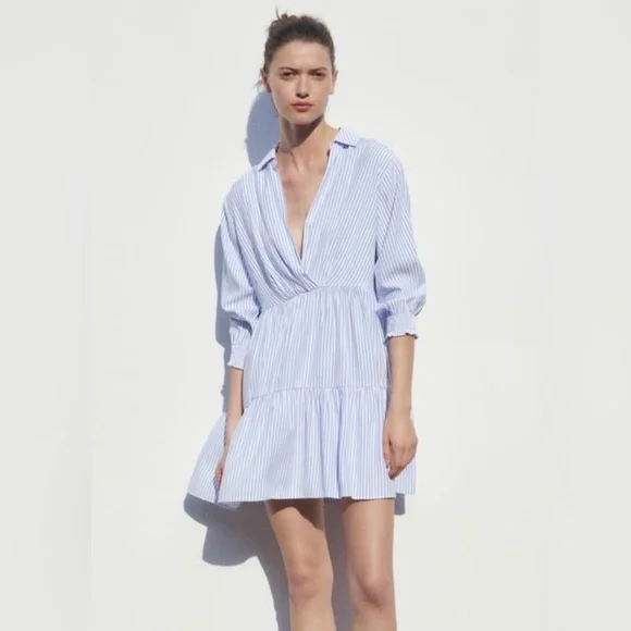 Zara NWOT Women’s Blue & White Vertical Striped Tiered Mini Dress, Size Large. - Picture 11 of 11